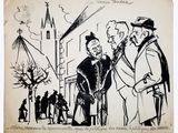 drawing of a group of men standing in front of a church