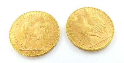 deux souverains d'or, l'un représentant la tête d'une femme et l'autre un oiseau