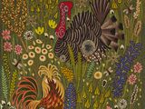 une image représentant un tableau où figurent un coq et un coq dans un champ de fleurs