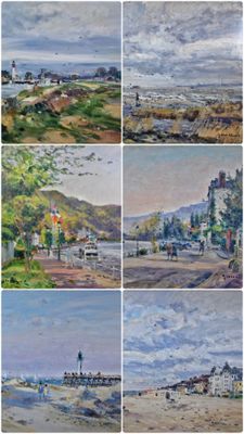 six paintings of a beach scene with a lighthouse in the distance and people walking on the beach