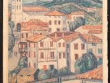 an image of a painting of a town on a easel