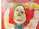 un tableau représentant un homme tenant un morceau de bois sur sa tête