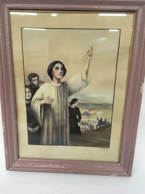 painting of a woman holding her hand up in front of a group of people
