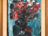an oil painting of a vase with red flowers on a blue background