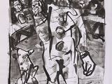 dessin en noir et blanc représentant un homme debout devant un groupe de personnes