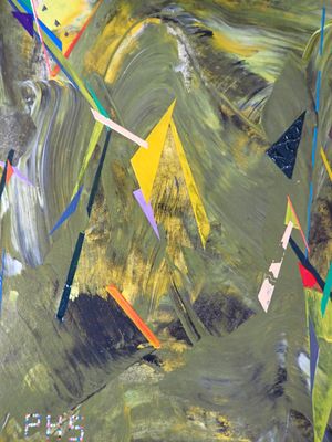 peinture abstraite représentant des cerfs-volants colorés volant dans le ciel au-dessus d'un champ vert