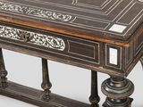 a wooden table with a black and white design on it