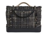 a black and white tweed handbag with a wooden handle