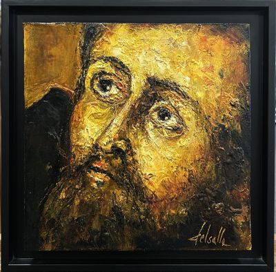 an oil painting of a man with a beard in a black frame