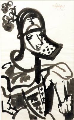 un dessin à l'encre représentant une femme coiffée d'un chapeau et tenant une fleur à la main