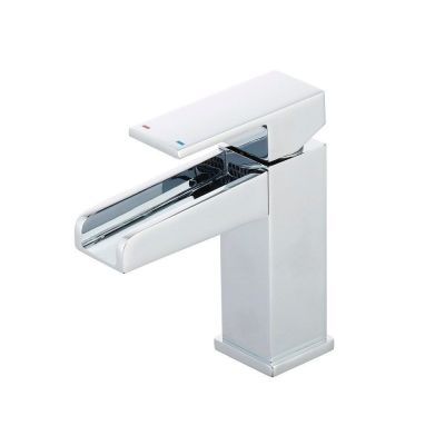 a white bathroom faucet with a single handle