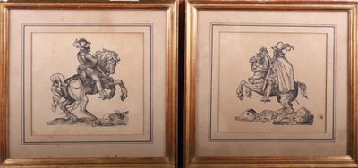 deux dessins encadrés représentant un homme à cheval et un homme à cheval
