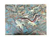 painting of a flock of birds flying over a body of water