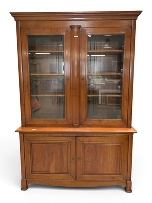 an image of a wooden china cabinet with glass doors