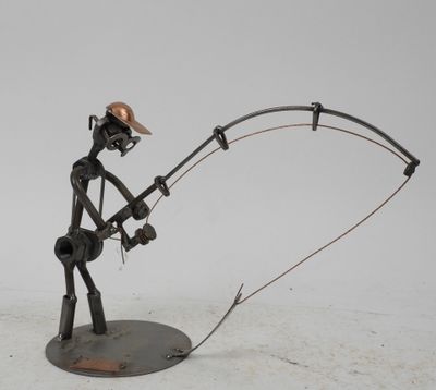 sculpture of a man with a fishing rod on a white surface