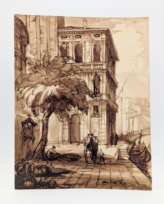 drawing of a street scene with a man and a woman walking down the street