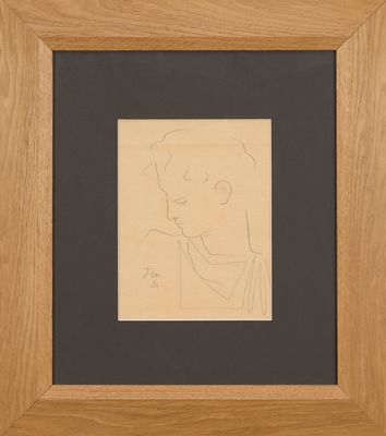 a drawing of a man with a hat on his head in a wooden frame
