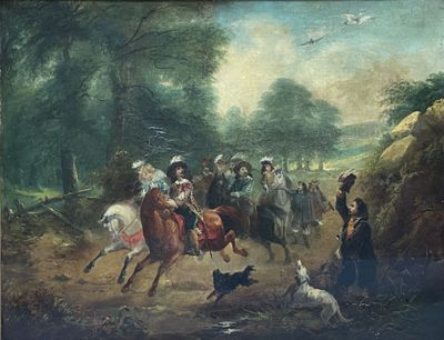 a painting of a group of people riding horses and dogs