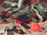a painting of a bunch of cherries on a table