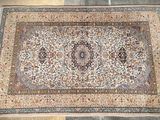 an oriental rug on the floor in a room with a tile floor