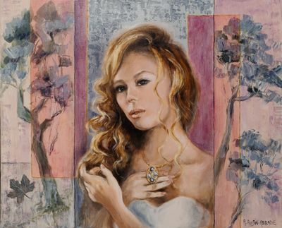 un tableau représentant une femme en robe blanche tenant une bague