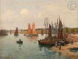 a painting of boats on the water near a beach