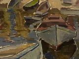 painting of a group of boats floating on top of a body of water