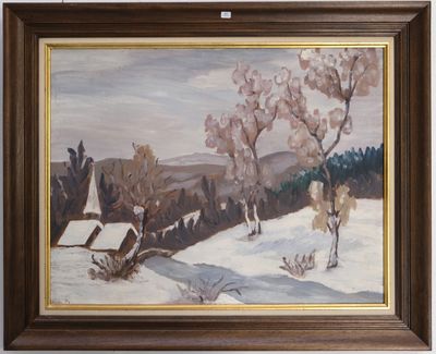 une peinture à l'huile représentant un paysage enneigé avec une maison au premier plan