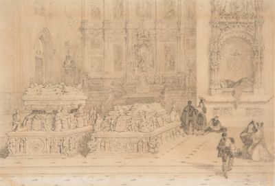 drawing of a group of people in a large room with a statue
