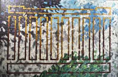 a painting of a building with a tree in front of it