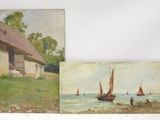deux tableaux représentant des bateaux sur une plage, à côté d'une maison