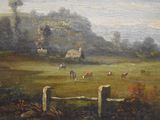 a painting of a farm scene with cows grazing in the field