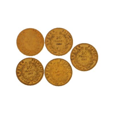 Lot de cinq pièces de 20 francs or Napoléon III tête nue (1 … - Photo 1