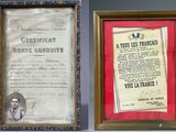 two framed photographs of a woman and a certificate on a table
