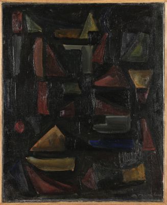 an image of a painting of a black, red, yellow, and green geometric design