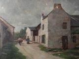 a painting of a horse and buggy going down the street