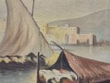 a painting of a boat in the water with a building in the background