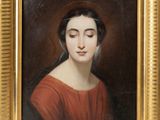 un tableau représentant une femme en robe rouge, les yeux fermés