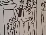 drawing of a group of people standing in front of a building
