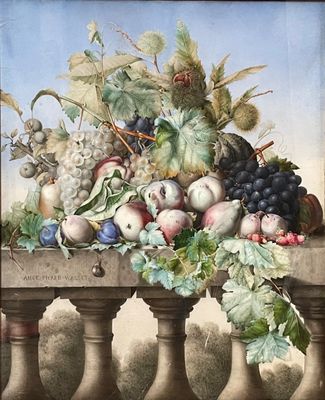 un tableau représentant un panier de fruits posé sur un rebord
