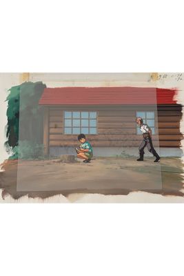 an image of a painting of a man and a child outside of a cabin