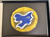 painting of a blue bird on a yellow circle with a black background