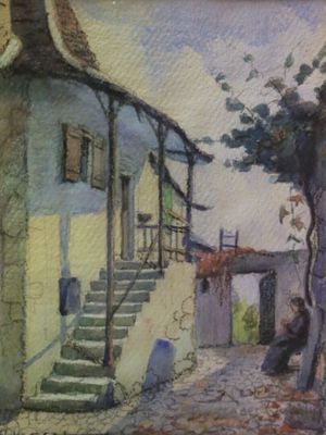 a painting of a man sitting on a bench in front of a building