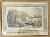 painting of a bridge over a river with a horse drawn carriage