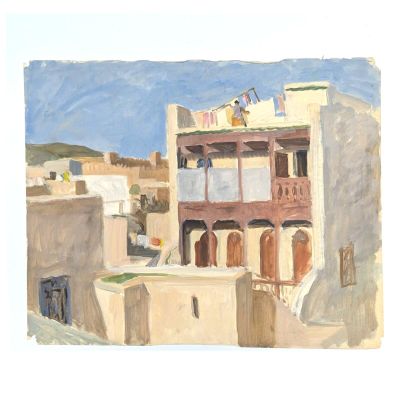 un tableau représentant un bâtiment sur le toit duquel se trouvent des personnes