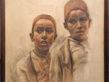 an oil painting of two young boys standing next to each other
