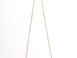 a gold necklace with a long chain on a white background