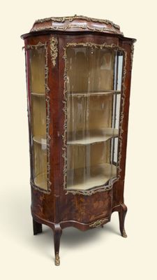 une vitrine ancienne avec une porte vitrée et des garnitures dorées