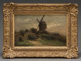 an oil painting of a windmill on a hill by a river