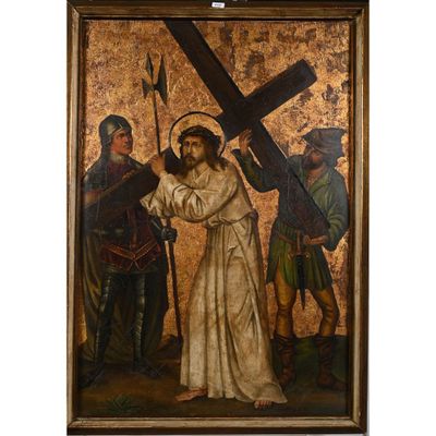 un tableau représentant Jésus portant la croix